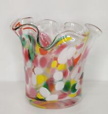Zorza Art Glass Candle Holder Vase Ruffled Clear Multicolored  picture
