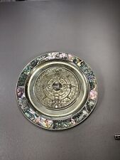 Vtg Mexico Alpaca Silver Aztec Mother Pearl Abalone Shell Calendar Plate READ picture