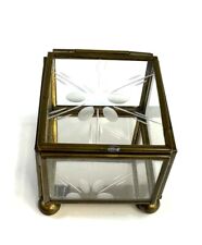 Vintage Glass Trinket Jewelry Box Brass Hinged Lid Etched Flower Mirror picture