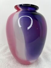 1980 Hand Blown Studio Art Glass Vase - (Pink Purple and White) Signed 7