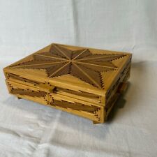 VTG Matchstick Tramp Art Jewelry Box Wood 9.75 x 7.75 x 3.25 Suede Lined picture