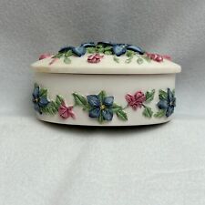 Flower Trinket Box By Willow Hall Blue  Pink Floral Oval Ring Keeper 1996 picture