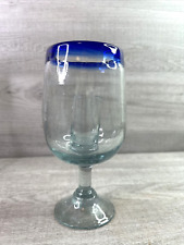 Unmarked Hand Blown Glass  Pedestal Candle Holder 8.25” Cobalt Blue Trim picture
