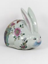 Vintage Porcelain Blue/Green Bunny Rabbit Figurine with Flowers and Bird picture
