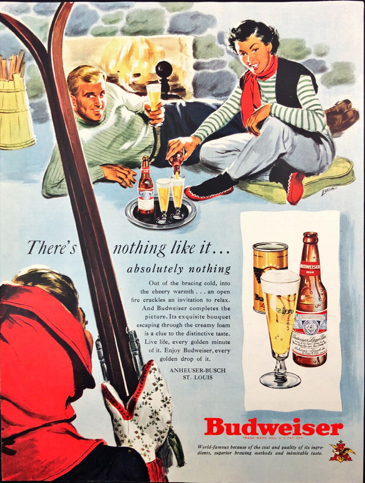 1949 Budweiser Beer Print Ad Couple at Ski Lodge in front of Fireplace Drinking