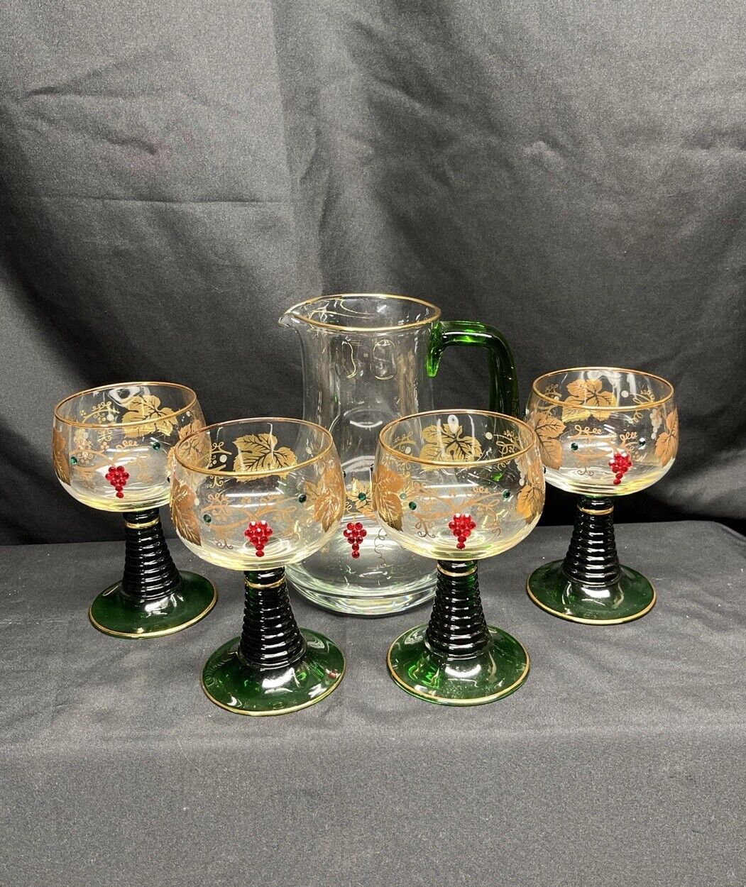 Vintage German Bockling Roemer (4) Wine Glasses And Pitcher Set Jeweled Gilded 