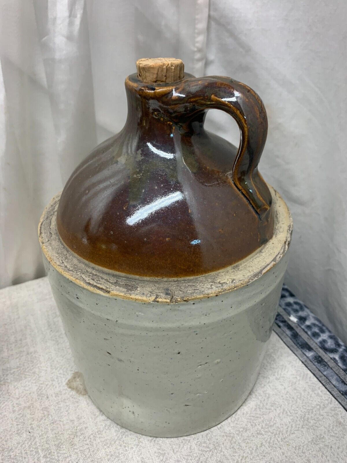Antique Stoneware Pottery Crock Whisky Jug Bottle 2 Tone Glazed Excellent 11x7\