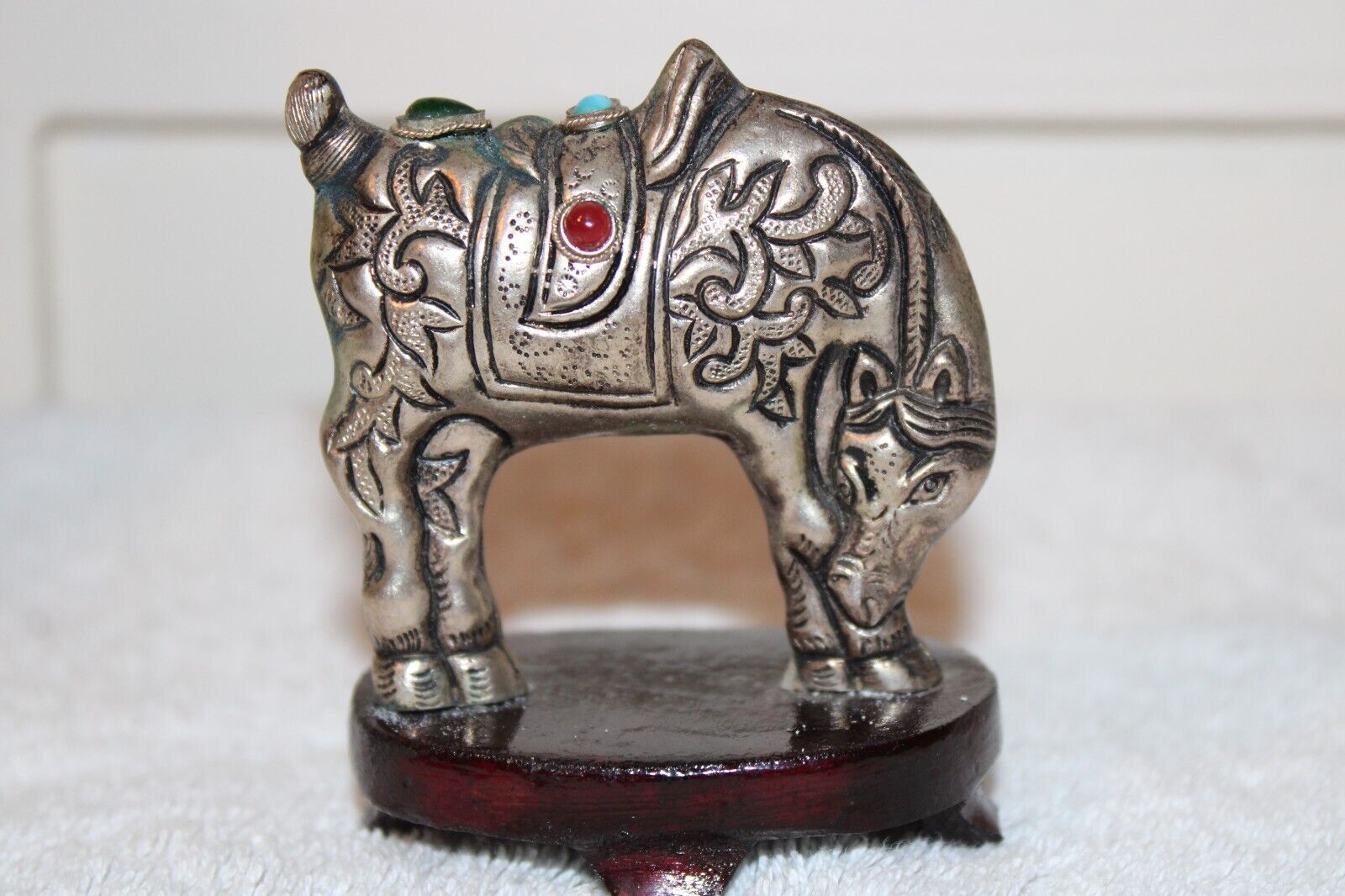 Vintage Chinese Tibetan Bejeweled Horse Wood Stand Silver Sculpture Scholar