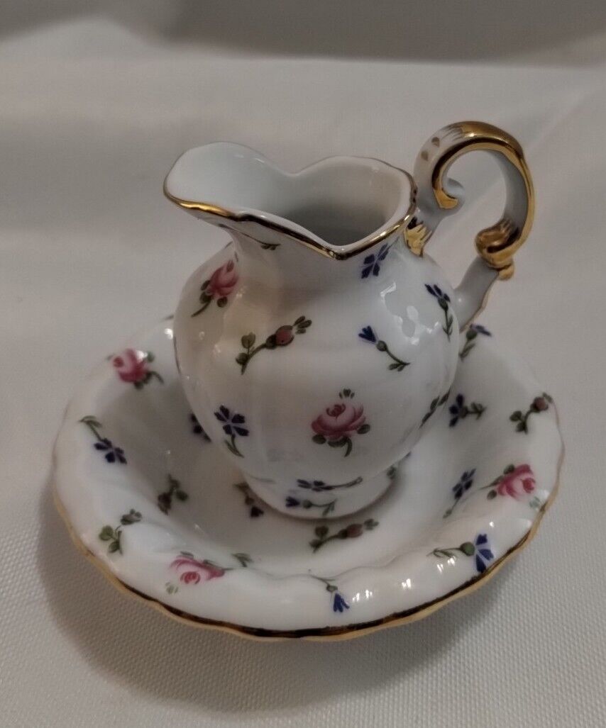 Decor A Sevre Miniature Porcelain  Picture & Basin Bowl Blue Pink Flora Gold