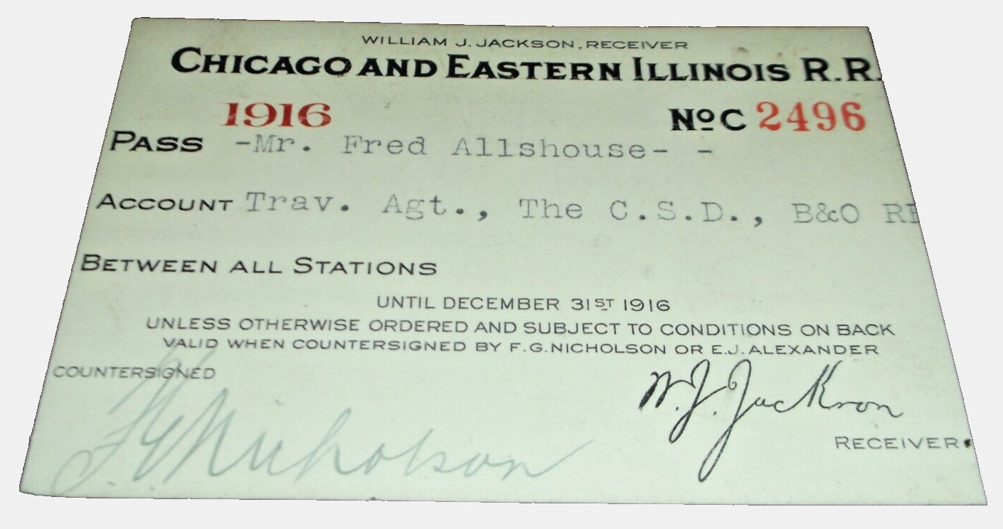 1916 C&EI CHICAGO & EASTERN ILLINOIS RAILWAY EMPLOYEE PASS #2496