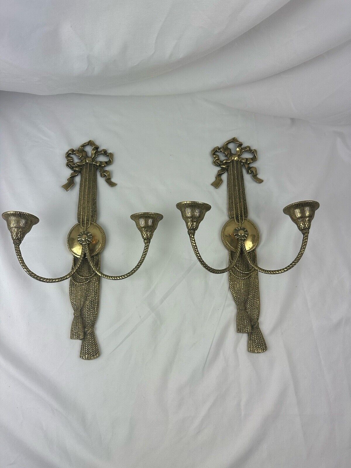 Pair 2 Vtg Cast Brass  Bow Tassel Double Candle Holder Wall Sconce Two’s Company