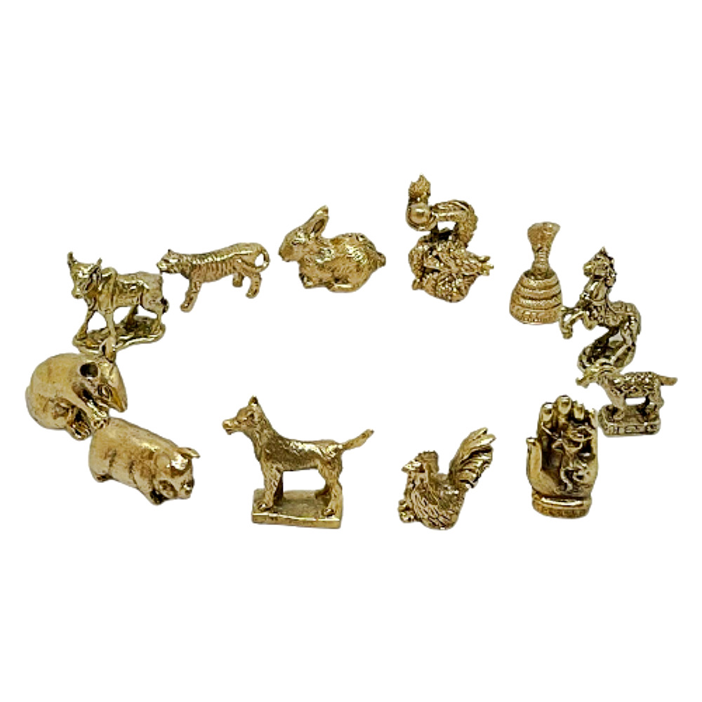 12 Chinese Zodiac Animal Figurine Horoscope Feng Shui Tiny Brass Gold Statue Set