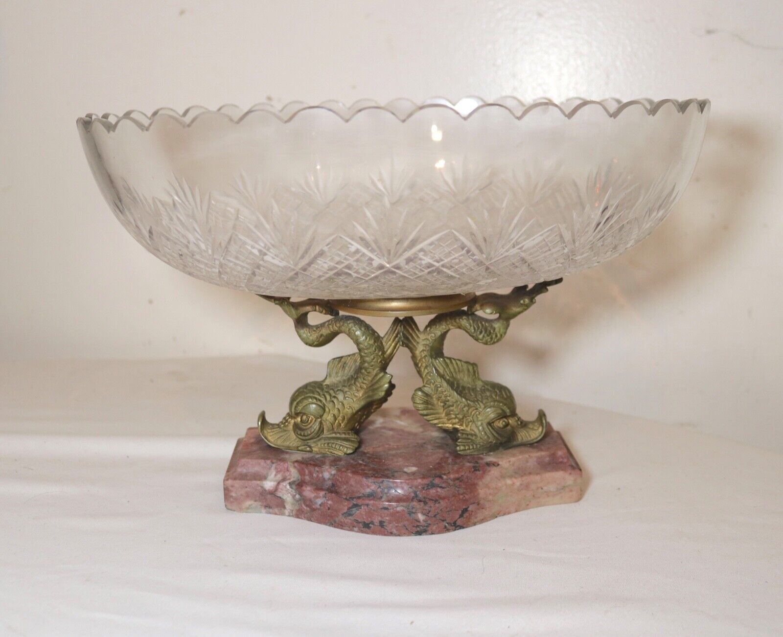 antique dore bronze marble Victorian centerpiece jardiniere cut crystal bowl