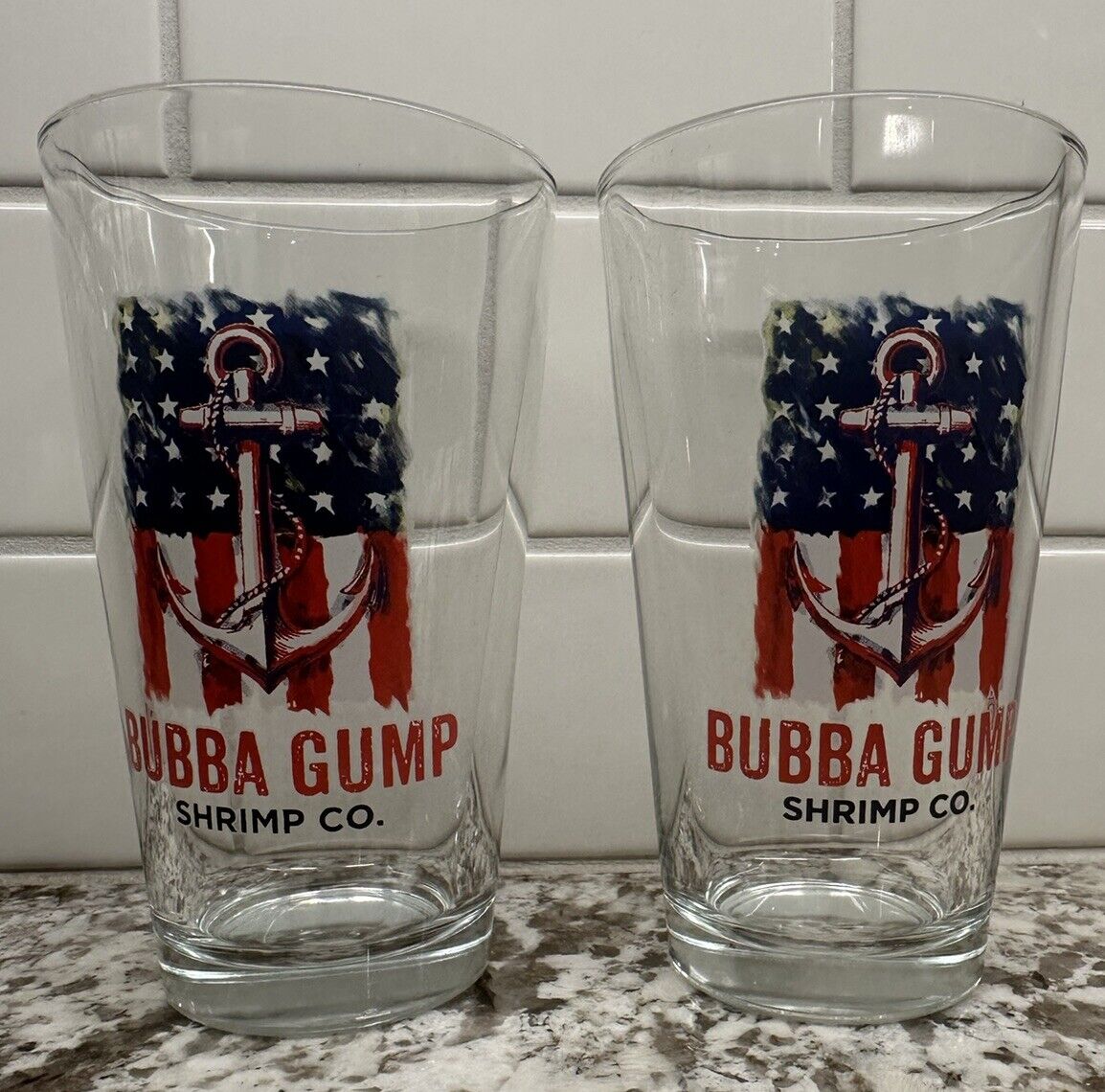 Pair (2) Rare Bubba Gump Shrimp Co Beer Pint Glass W/ Anchor American Flag