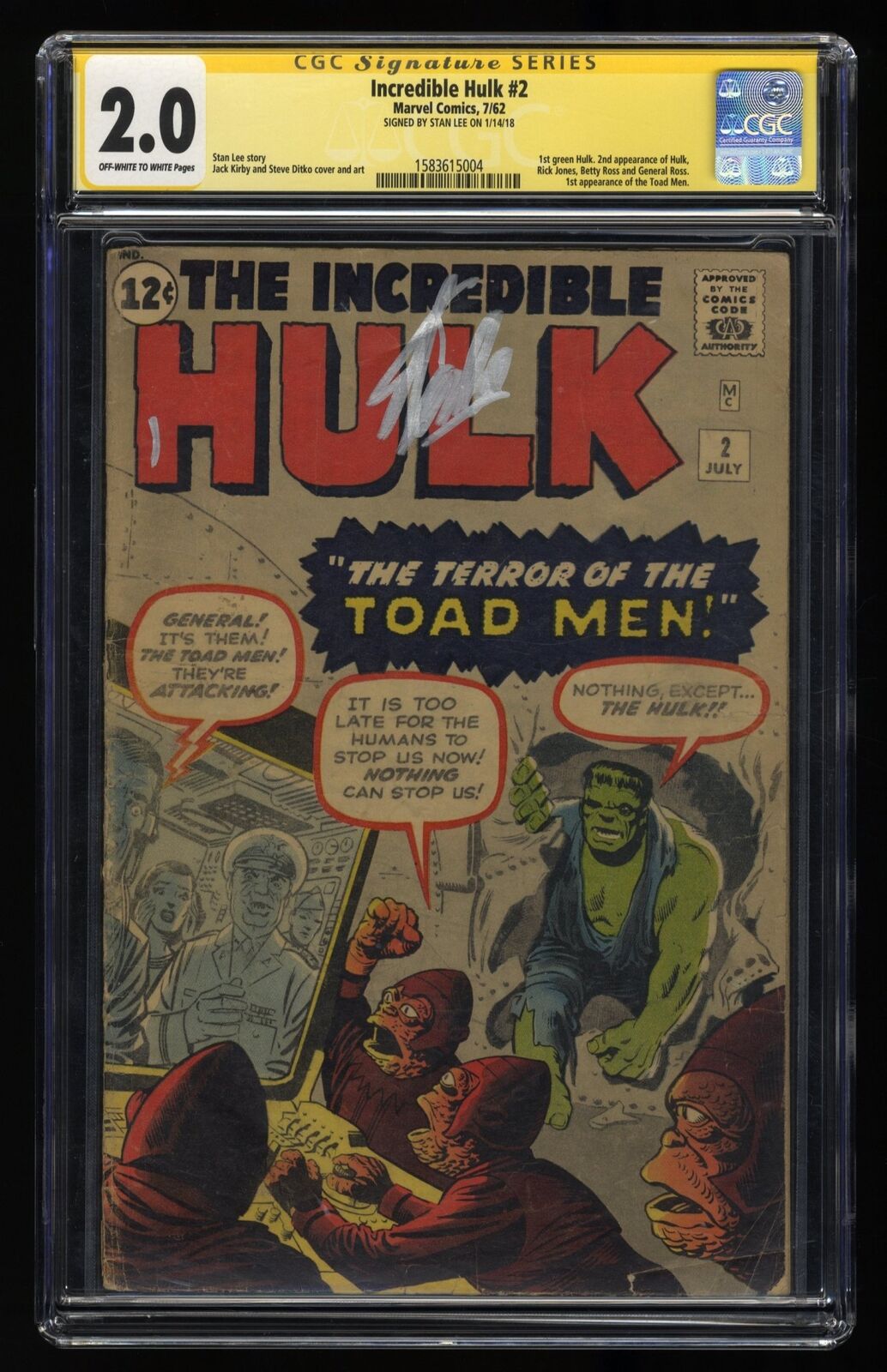 Incredible Hulk #2 CGC GD 2.0 SS Signed Stan Lee 1st Appearance Green Hulk
