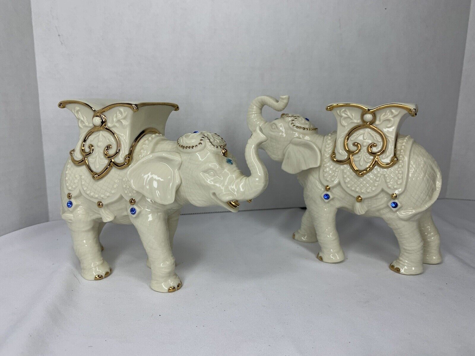 LENOX HandCrafted Porcelain Elephant Figurines 24K Gold Trim DAMAGED Set Of 2