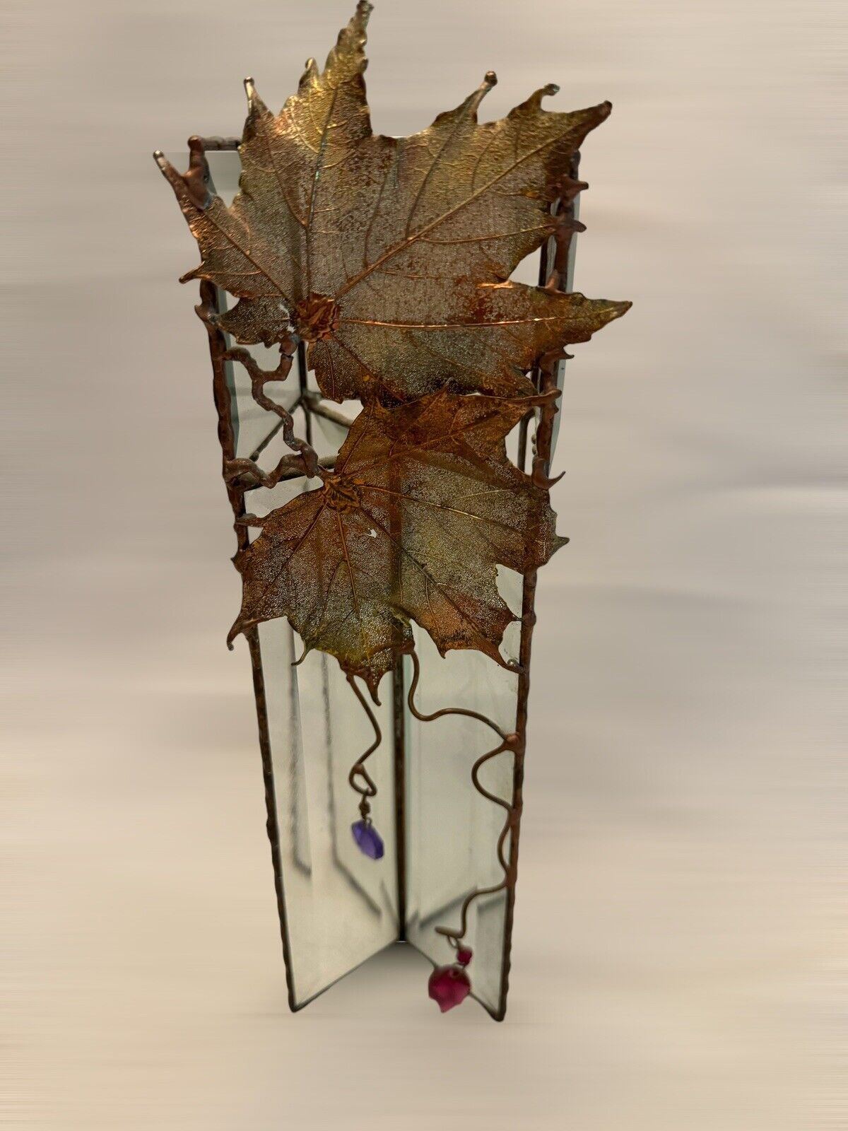 Glass Brass Leaf 11” Votive Candle Holder Jeweled