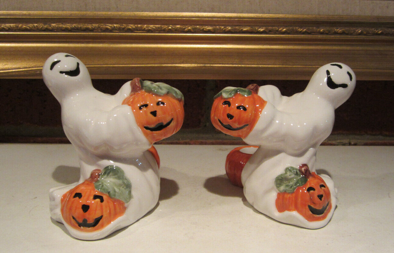 Fitz & Floyd Pair of Ghosts (2) with Pumpkins Candlestick Holders Hallowee Taper