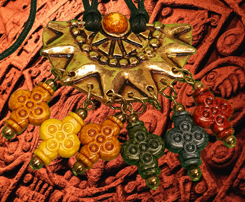 Religious Ritual Aztec Christian Necklace Sun God Cross Metal Mexico Vintage