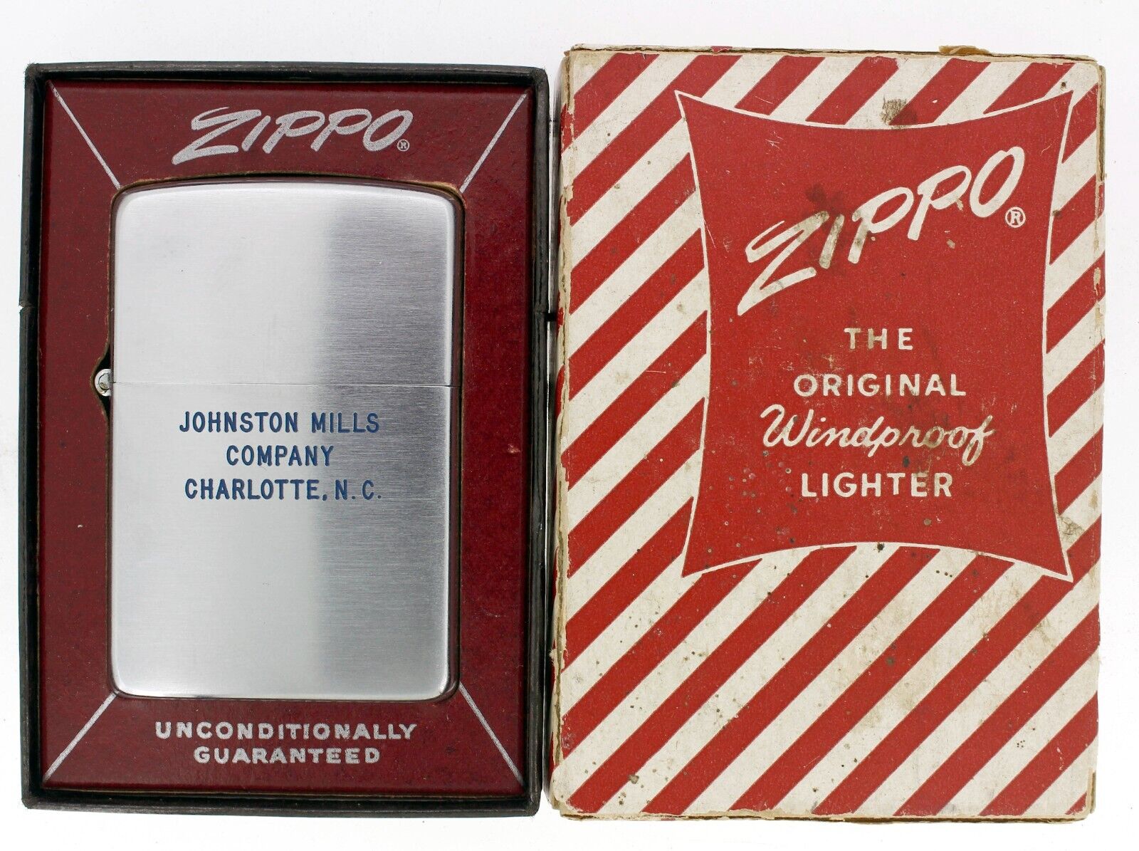CIRCA 1957 ZIPPO JOHNSTON MILLS COMPANY CHARLOTTE NORTH CAROLINA LIGHTER W/BOX