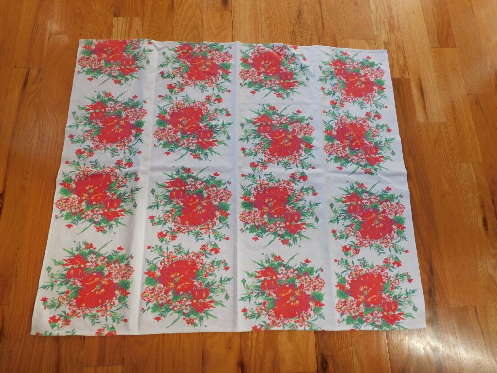Red Peony Barkcloth Tablecloth Vintage 29 x 34\