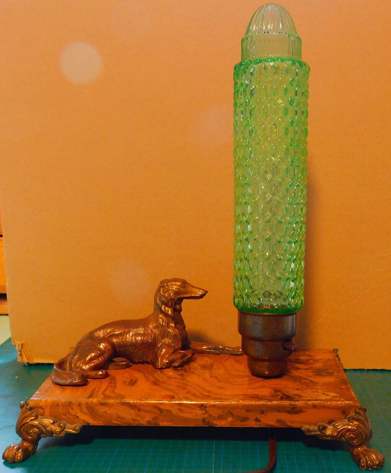 Vintage Art Deco Borzoi Dog Lamp With Metal Dog & Green Glass Cover Works