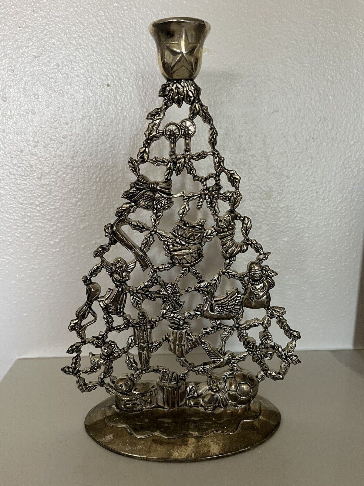 Christmas Tree Candle Holder Candlestick Vintage Silver Plated Xmas Toys Star