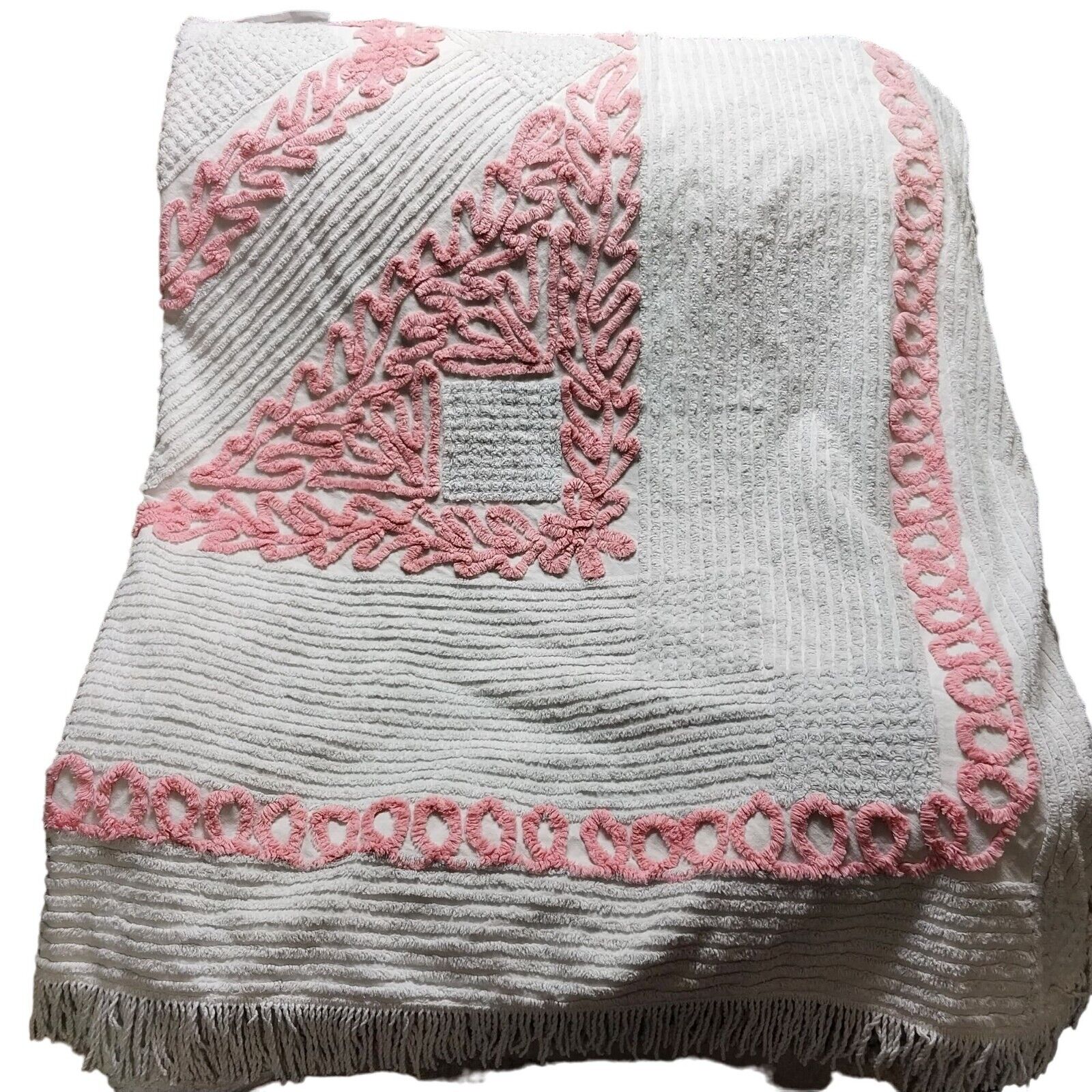Chenille Bedspread Vintage King Sized Pink & White Blanket