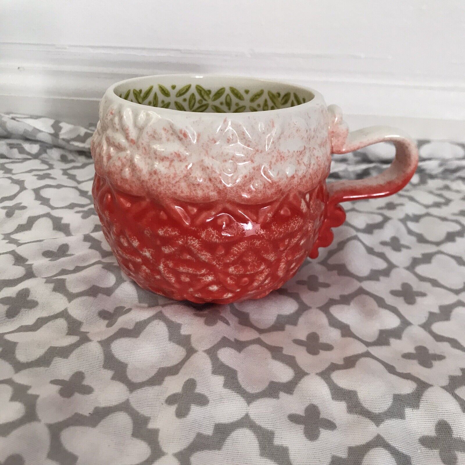 Anthropologie Marshmallow Mug - Raised Pattern - Ombre Coral Red Green White EXC