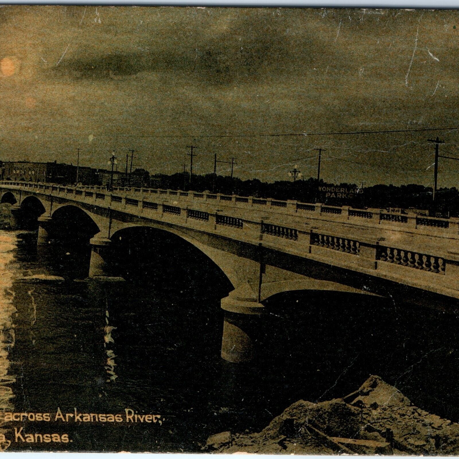 c1910s Wichita KS Night Arkansas River Bridge Wonderland CA Tanner Postcard A151