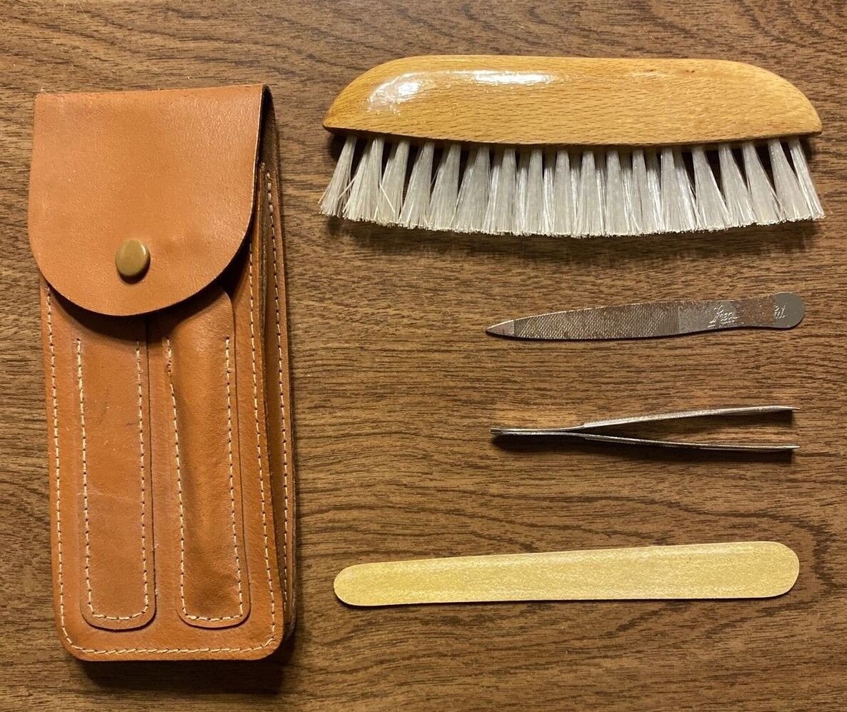 Vintage Travel Brush File Tweezers Kit Set w/ Leather Pouch Made in Germany A7