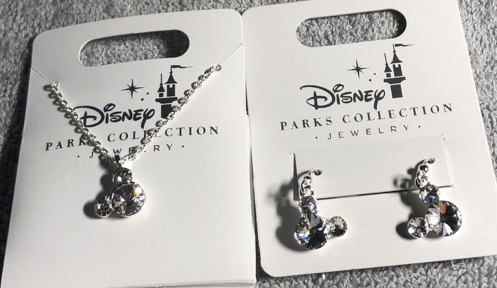 Disney Parks Silver Tone Mickey Mouse Icon Crystal Necklace And Earrings Set