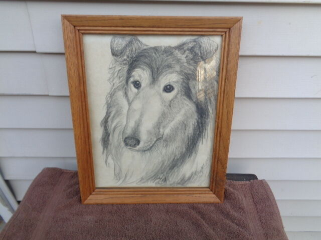 original art dog drawing collie lassie artwork signed OLD JUDY