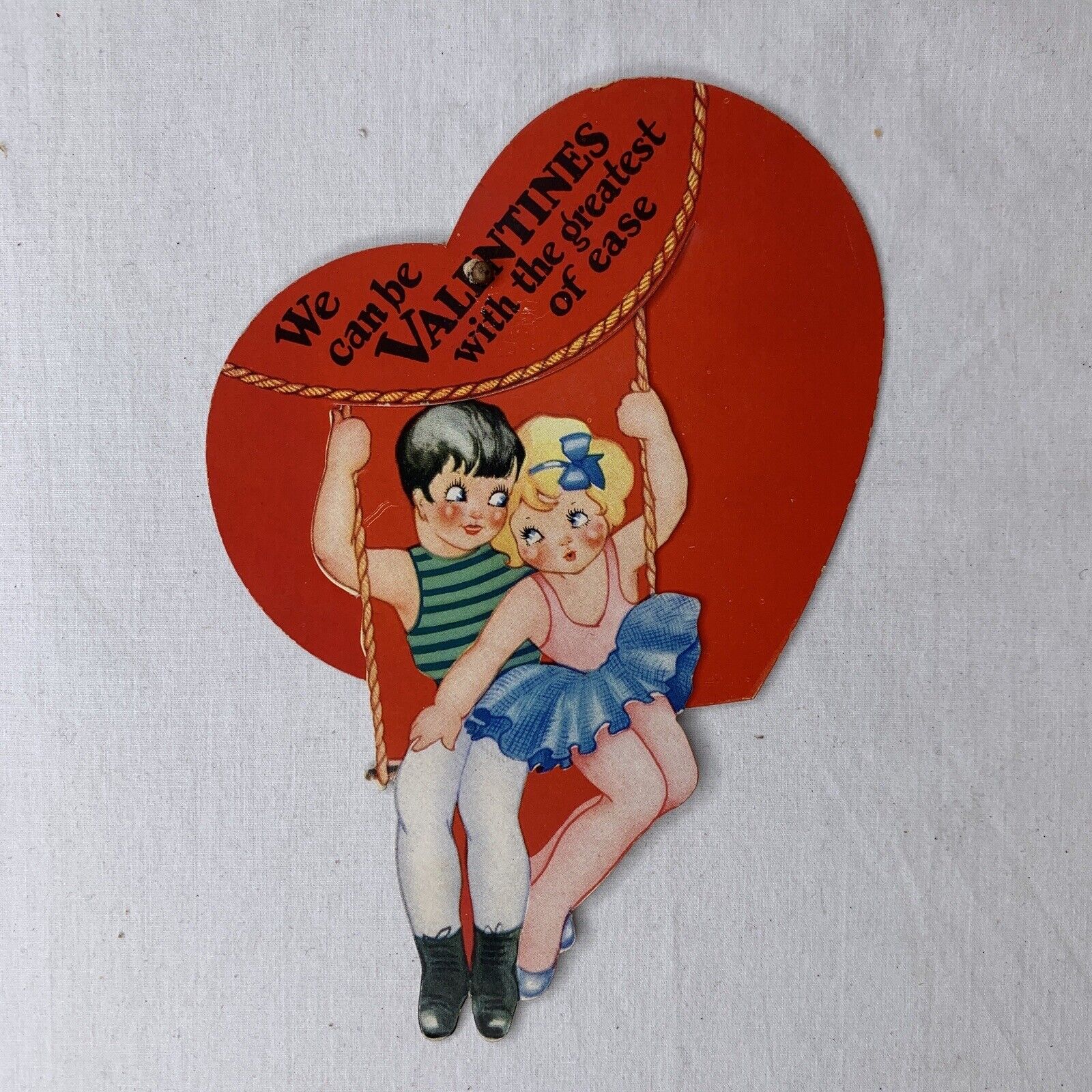 Vtg 1940s Valentine Card Moving Mechanical Couple On Rope Swing Trapeze Unused