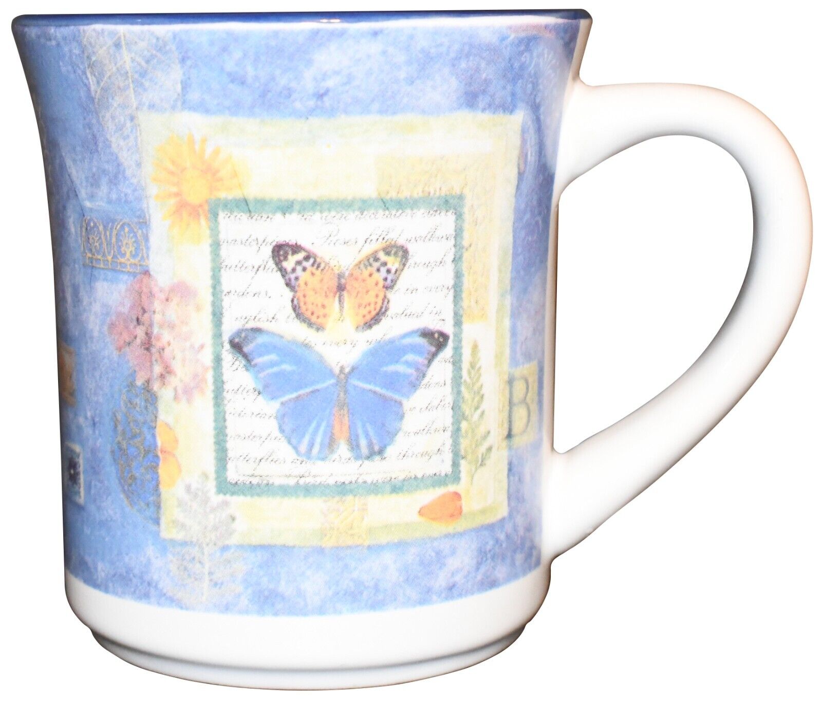 Cup Mug Coffee Tea Blue Butterflies Floral Spring Summer Ceramic Porcelain 14 oz