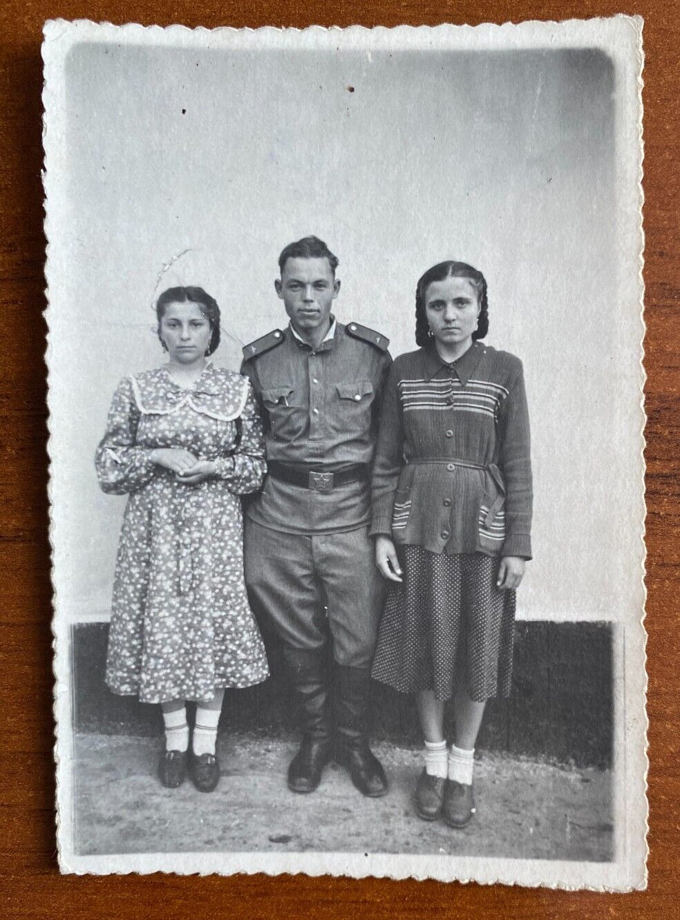 Beautiful military guy in uniform with girls, tender guy, gay int Vintage photo
