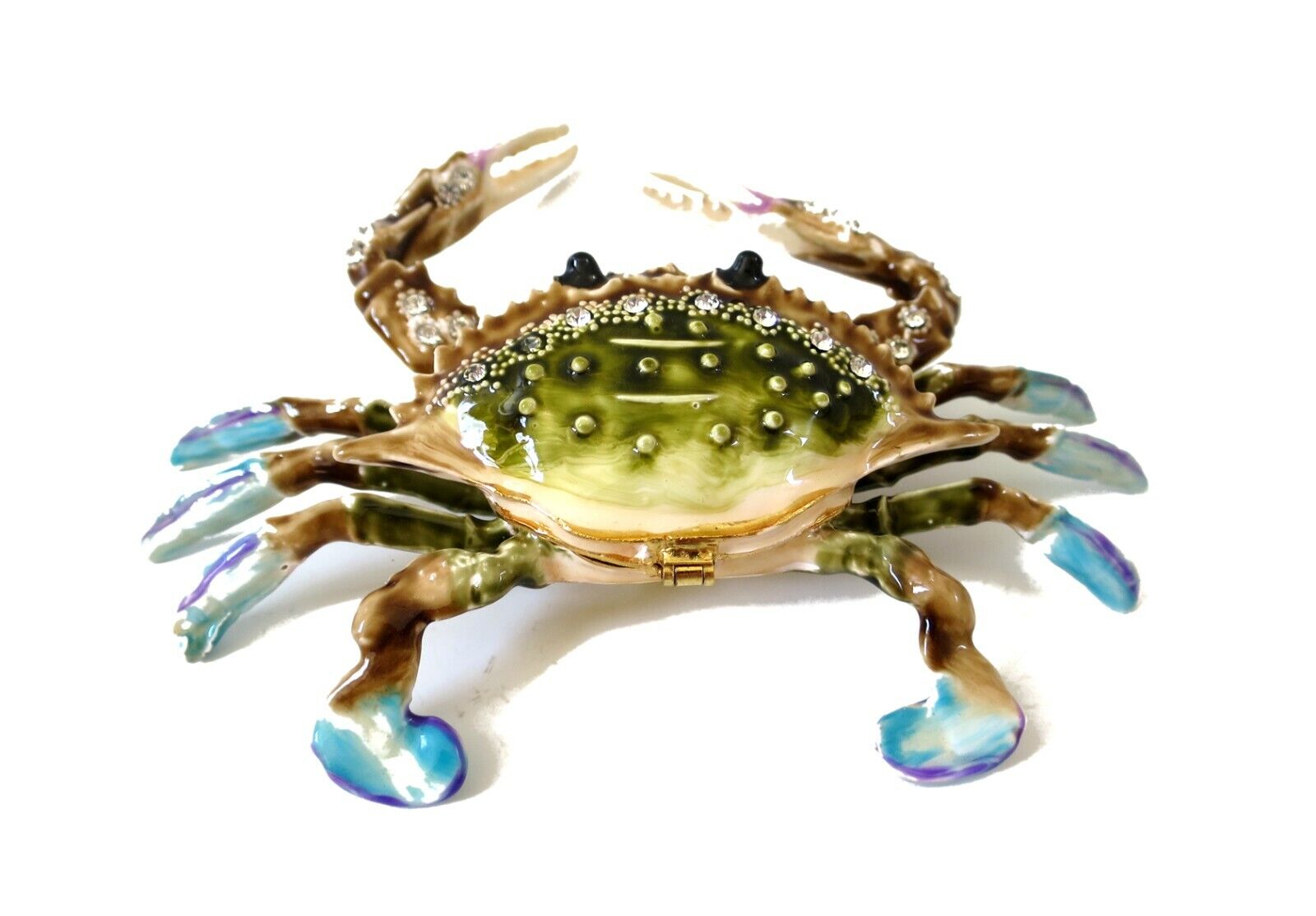 Bejeweled Blue Crab Hinged Metal Enameled Rhinestone Trinket box