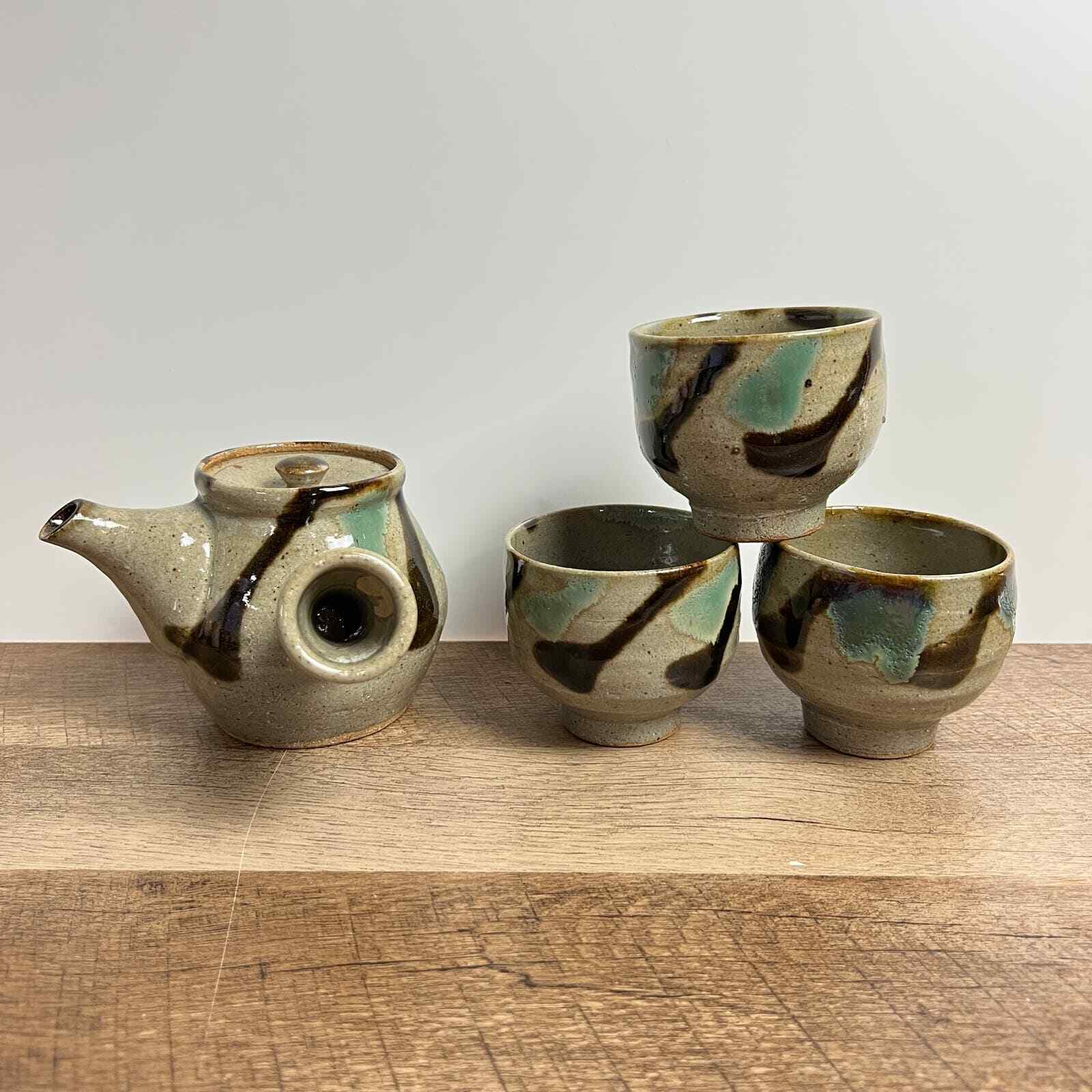 Vintage Japanese Kyusu Teapot Clay Ceramic Shino Ware Side Handle Lid & 3 Cups 