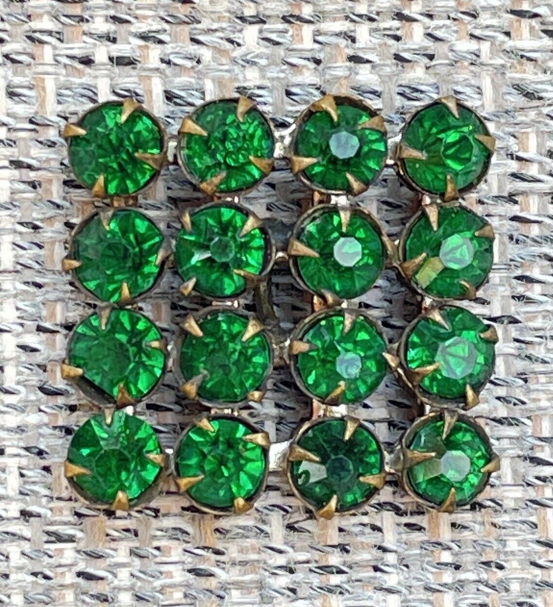 Vintage Emerald Green Rhinestone Button, Prong Set, Square Shape