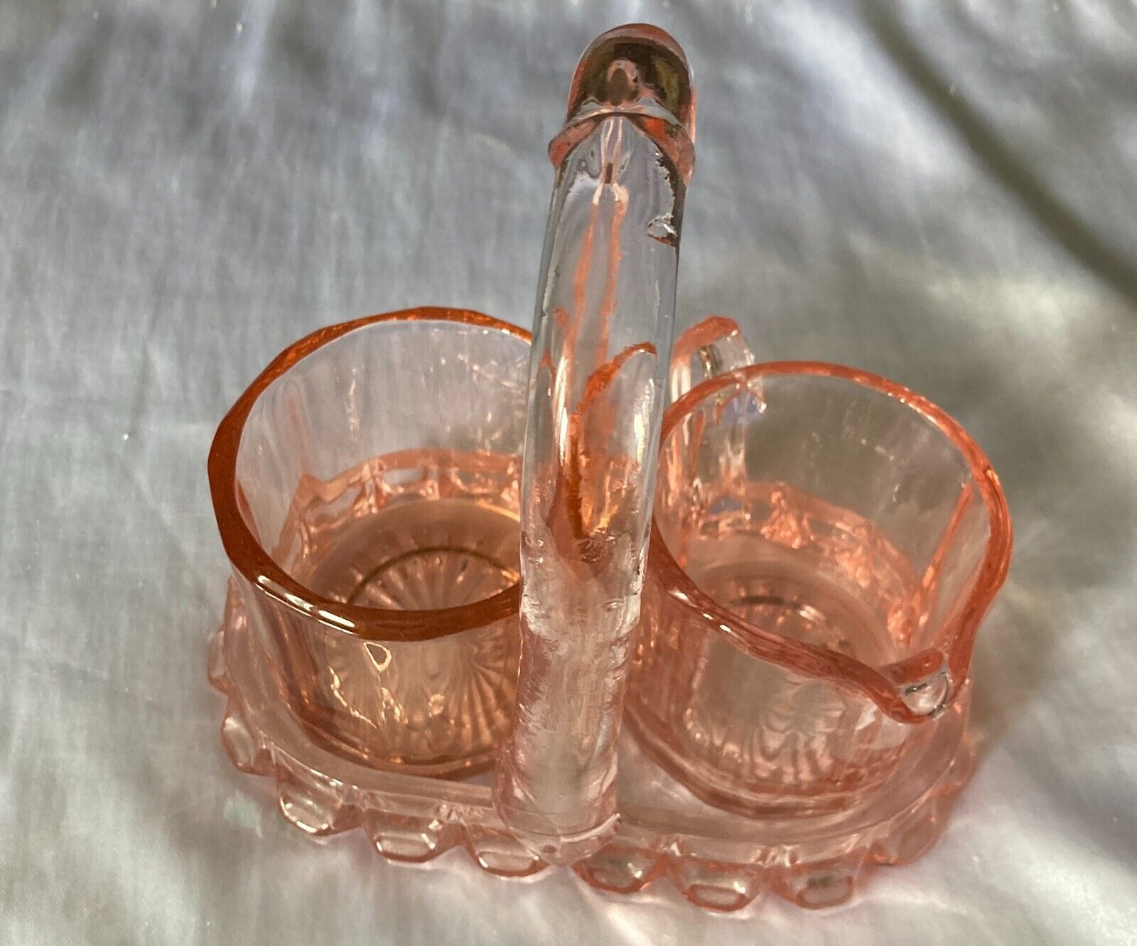 Vintage Antique Pink depression Glass Creamer Sugar Set with Caddy