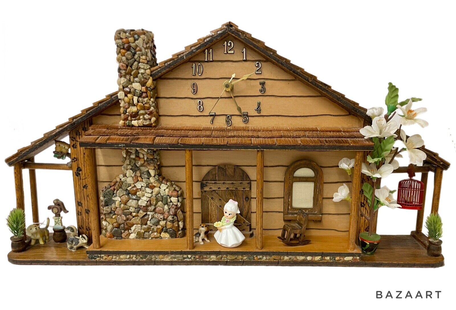 Vtg Cabin Wall Clock Folk Art Handmade Miniatures Cottage Battery Operated 19”