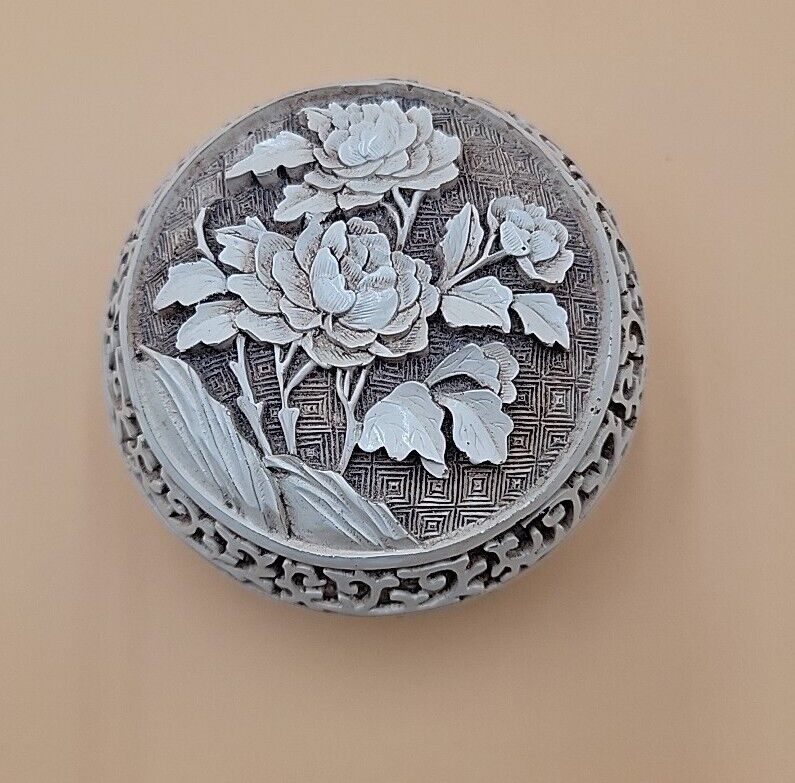 Vintage Ivory Dynasty Resin Lined Trinket Box Floral Carved 3 1/4