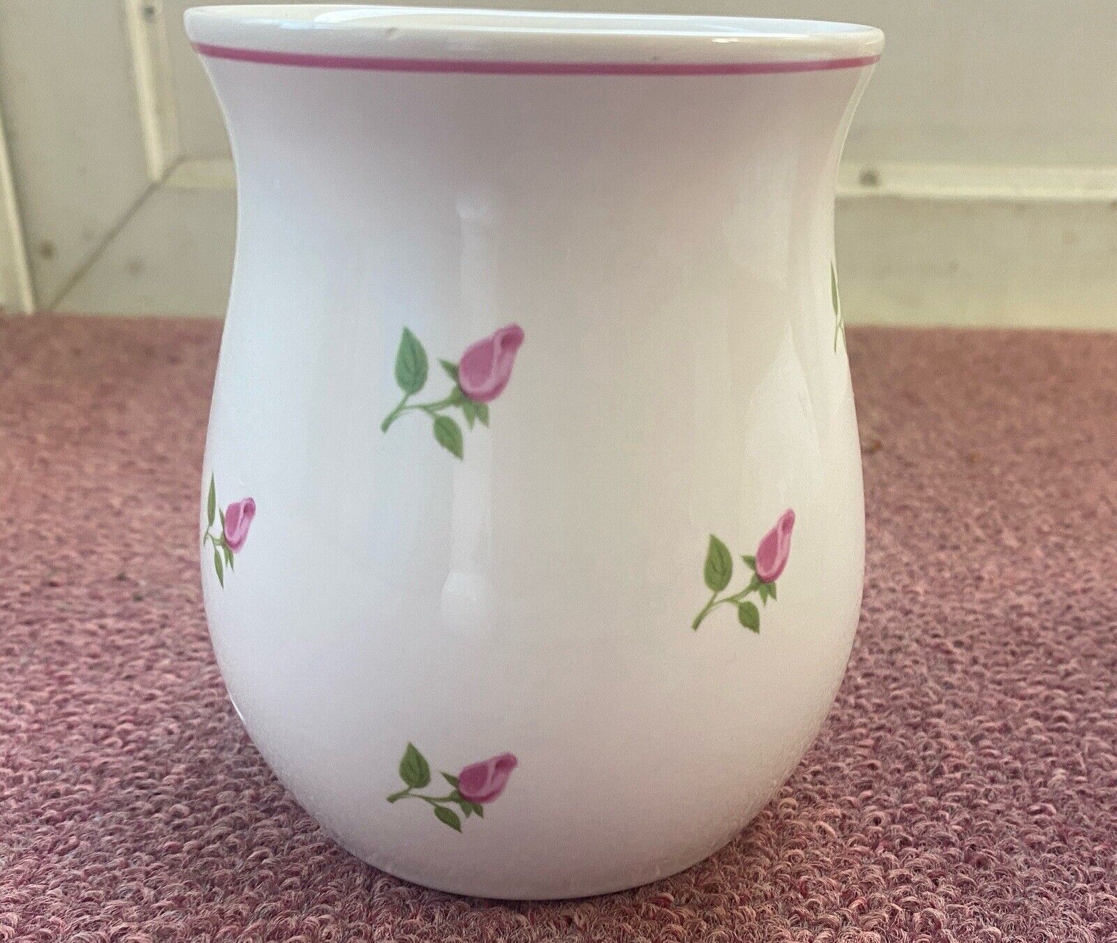 Vintage Teleflora Gift Floral Vase, Rose Pattern Vase With Pink Rim Vase, 4 3/8”