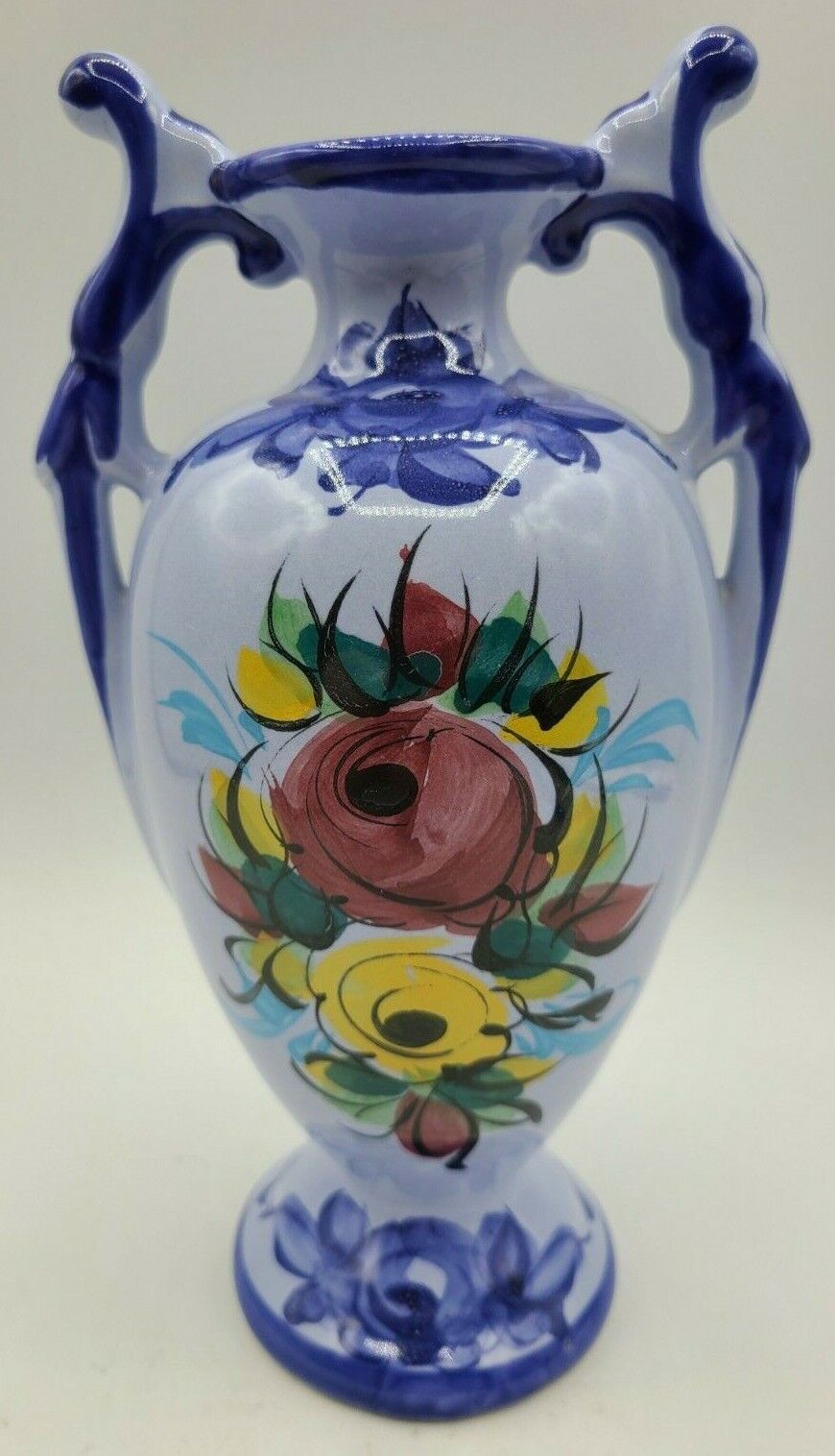 Blue Floral Hand Painted Vase Vestal Urn Pottery Marked 740 Made in Portugal  