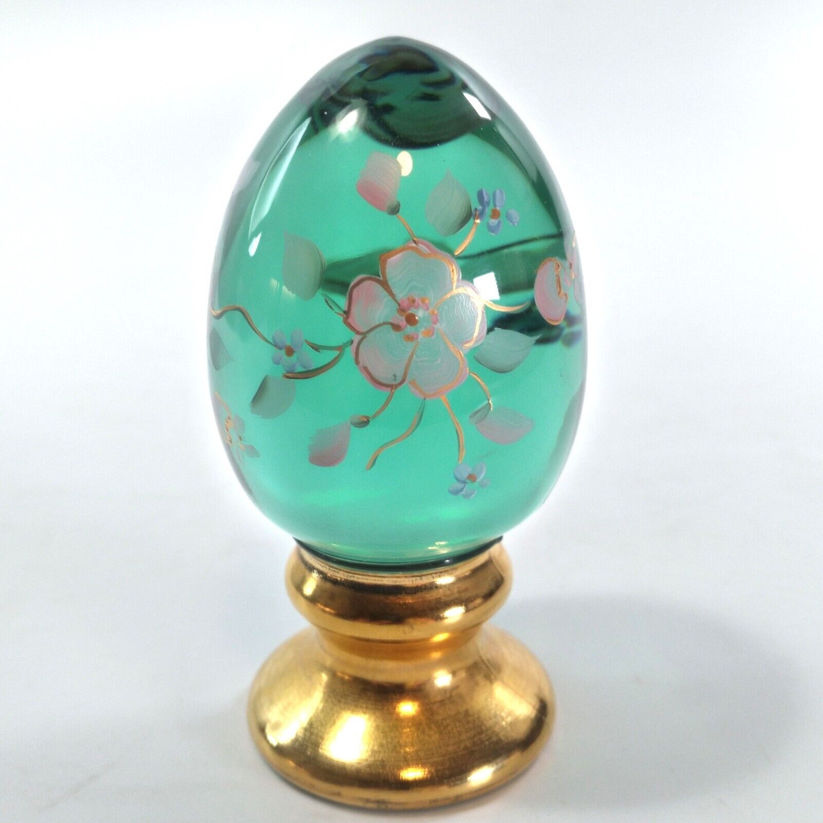 Fenton Aqua Green Glass Egg On Gold Pedestal Floral Handpainted Signed 506/2500