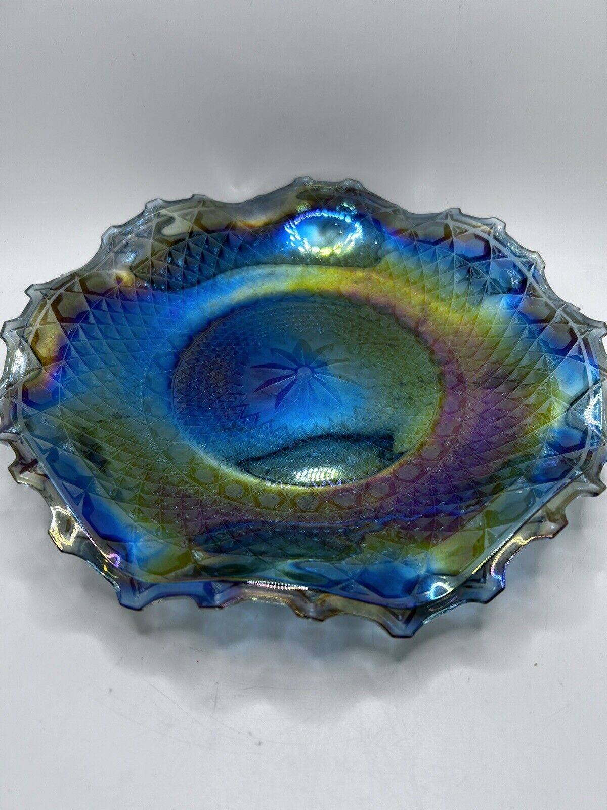 Vintage Fenton Iridescent Dark Blue Carnival Glass Ruffled Rim Dish
