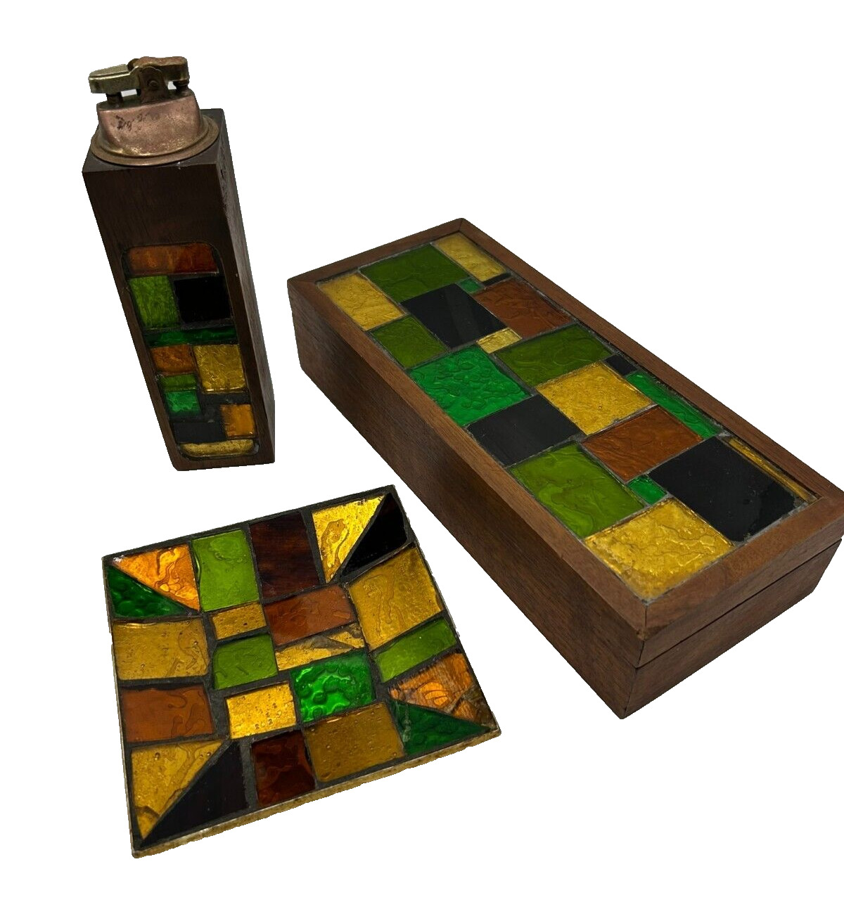 Georges Briard Mosaic Glass MCM Green Amber Orange Lighter Ashtray Cigarette Box
