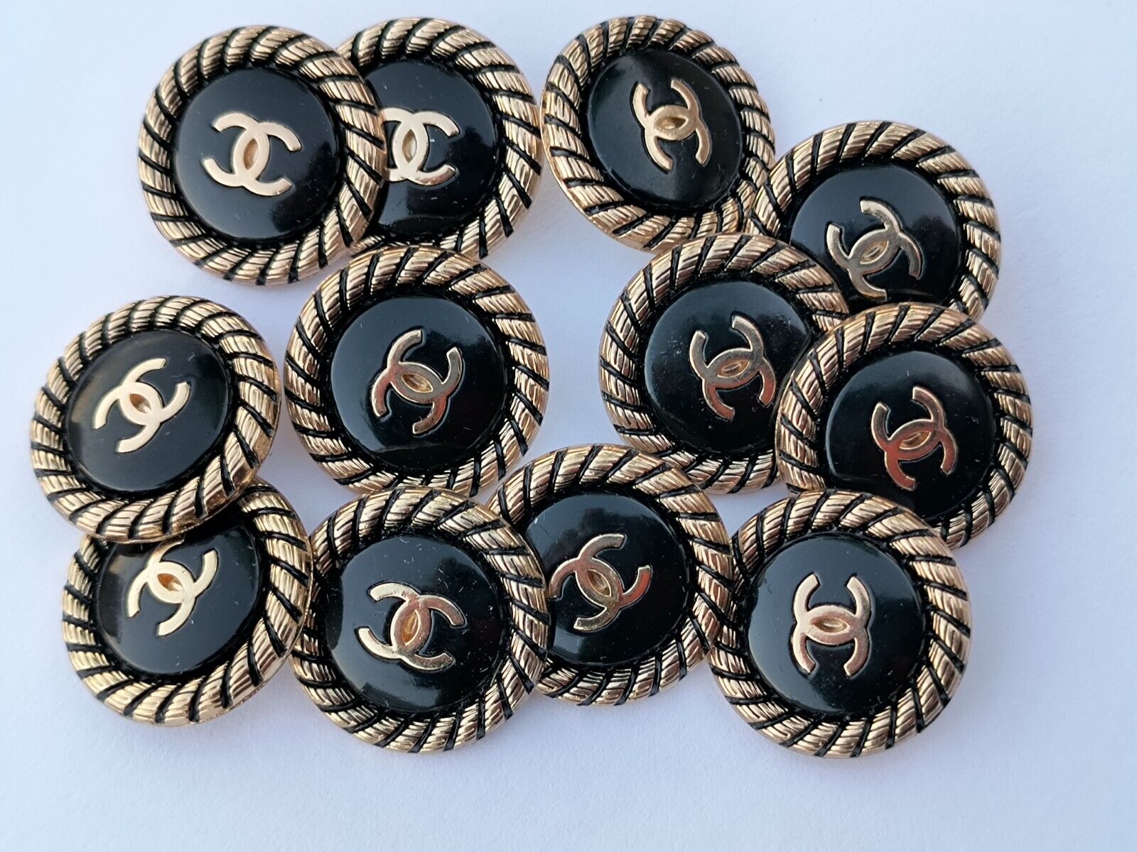 10 Chanel Stamped Round Black Gold CC Buttons 24mm Set of 10