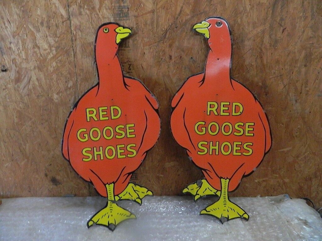 PORCELAIN RED GOOSE SHOES ENAMEL SIGN 24X12 INCHES