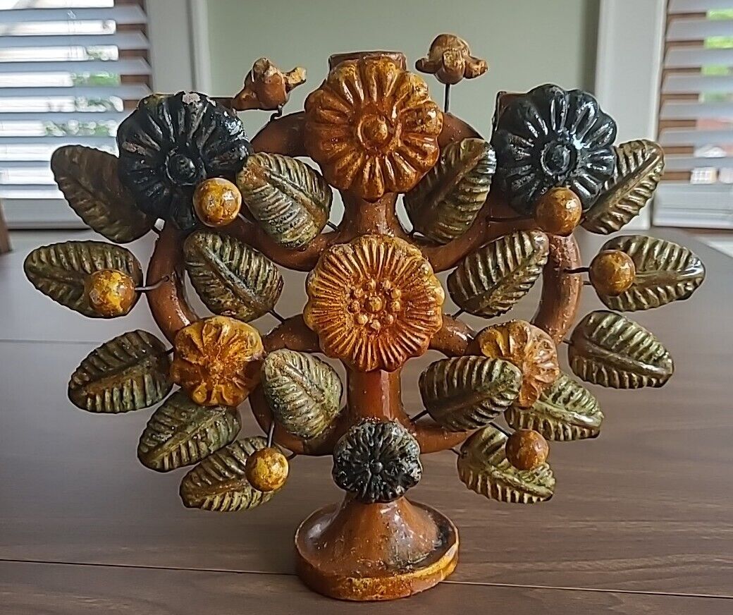 Vintage Mexican Pottery Tree Of Life Triple Candleholder Birds Leaves Flowers 9\